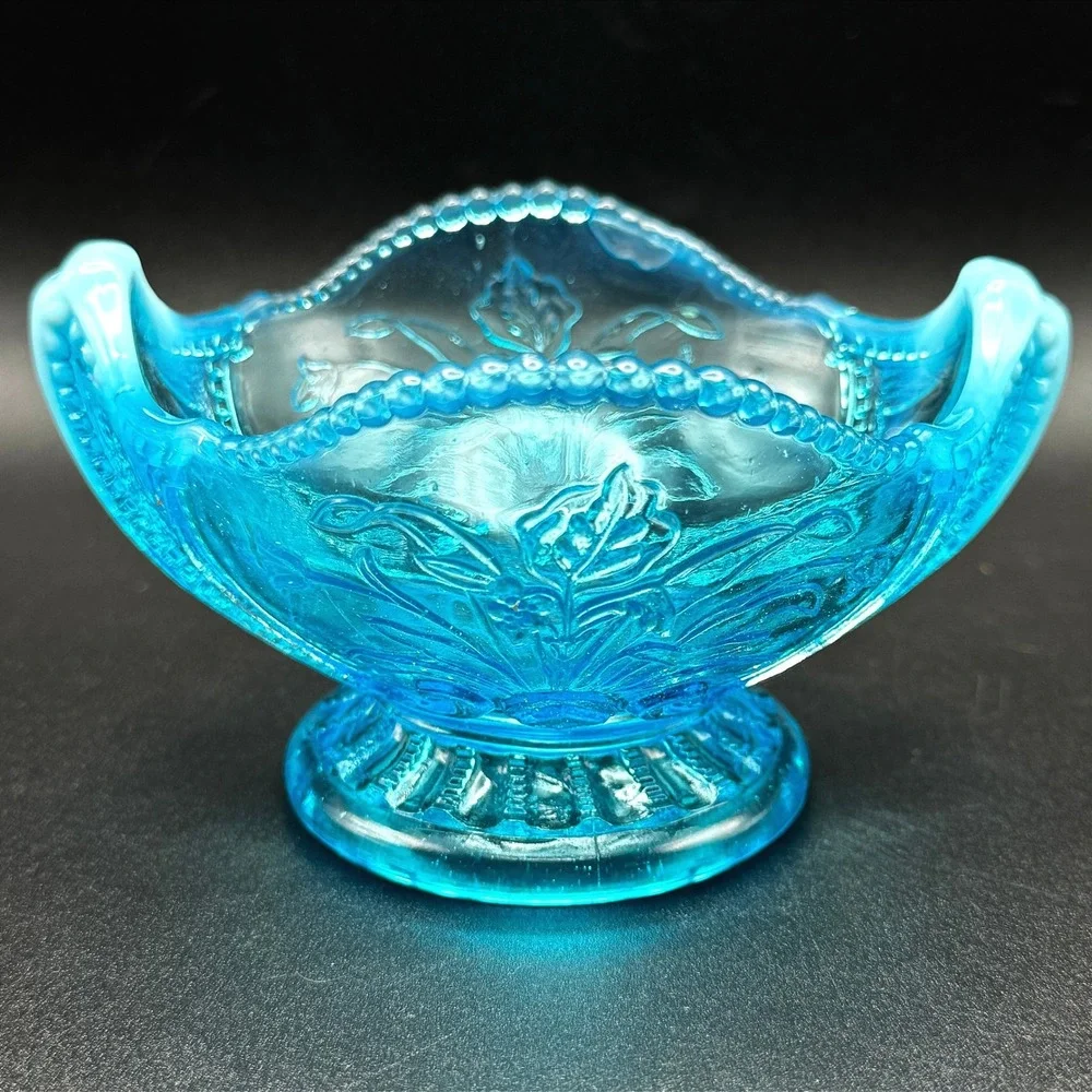 Antique Jefferson Glass Beaded Fleur de Lis Blue Opalescent Bowl c1905 Candy Nut